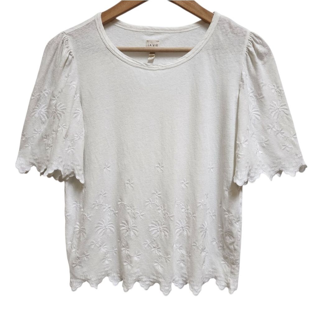 Rebecca Taylor Women White Floral Embroidered Scallop Short Slv Top La Vie Sz S